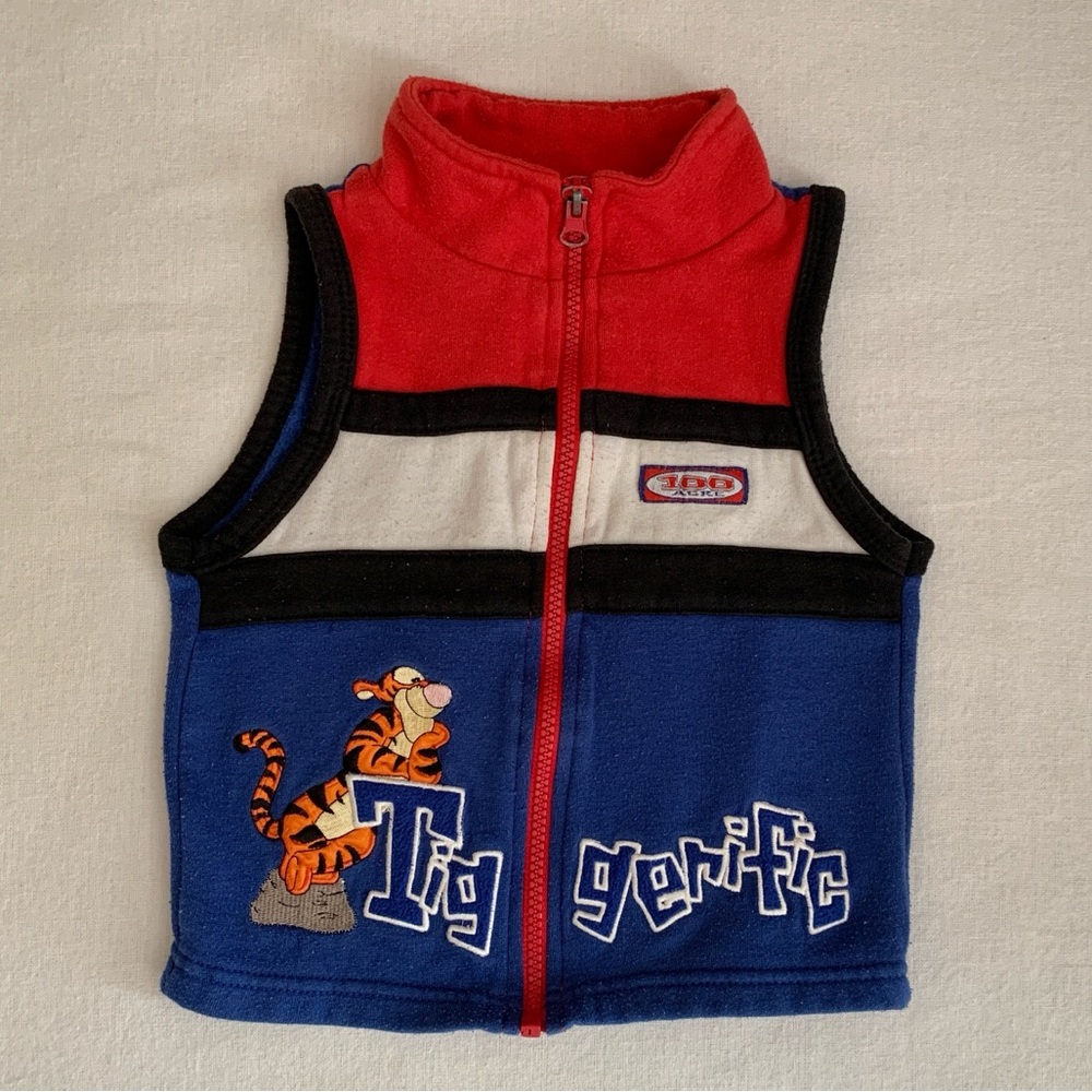 Disney Vintage Pooh Embroidered Tigger Tiggerific Blue, Red Zip-Up Boys Vest 4T